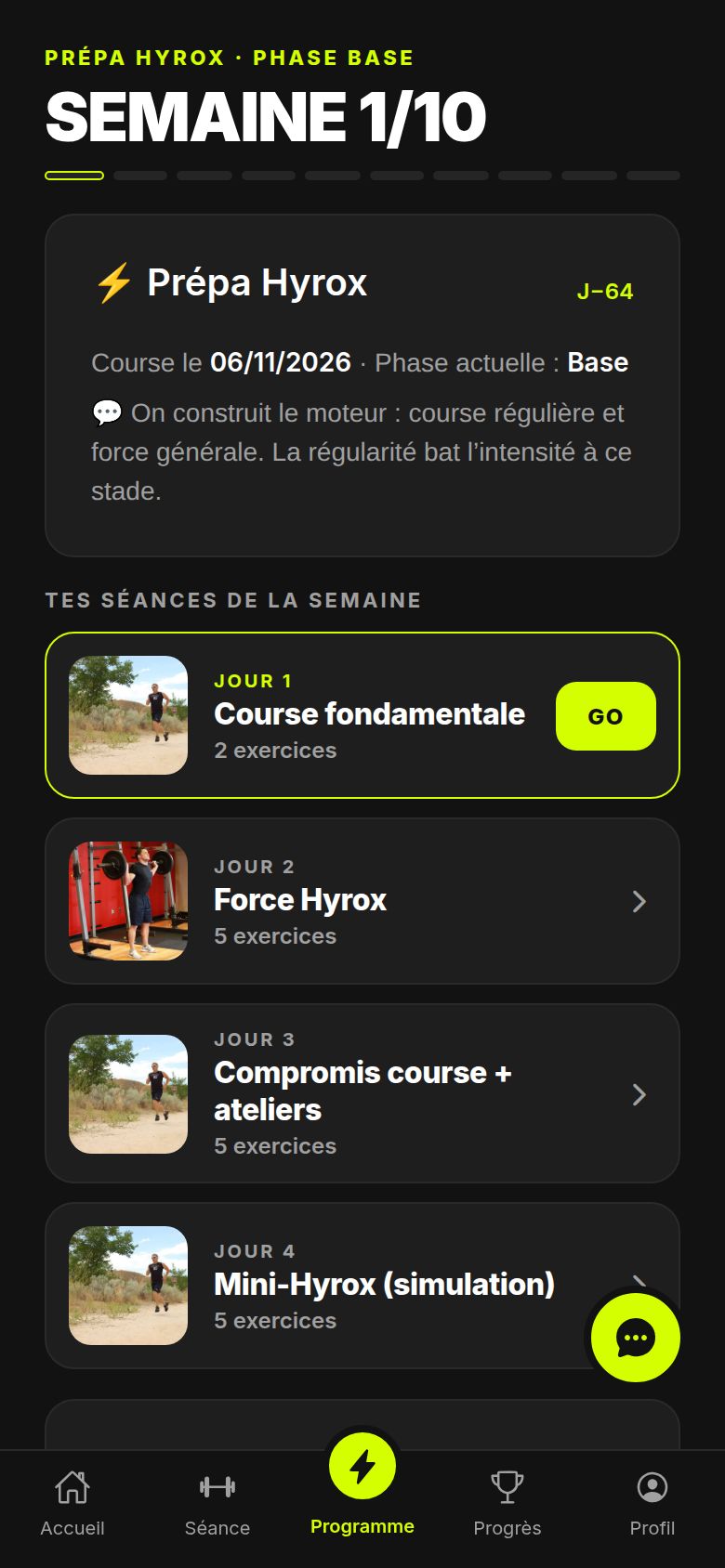 Programme de la semaine : prépa Hyrox avec les séances en cartes